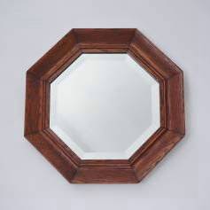 Antique Art Deco wall mirror, octagonal scalloped oak frame, 1930`s ca, English